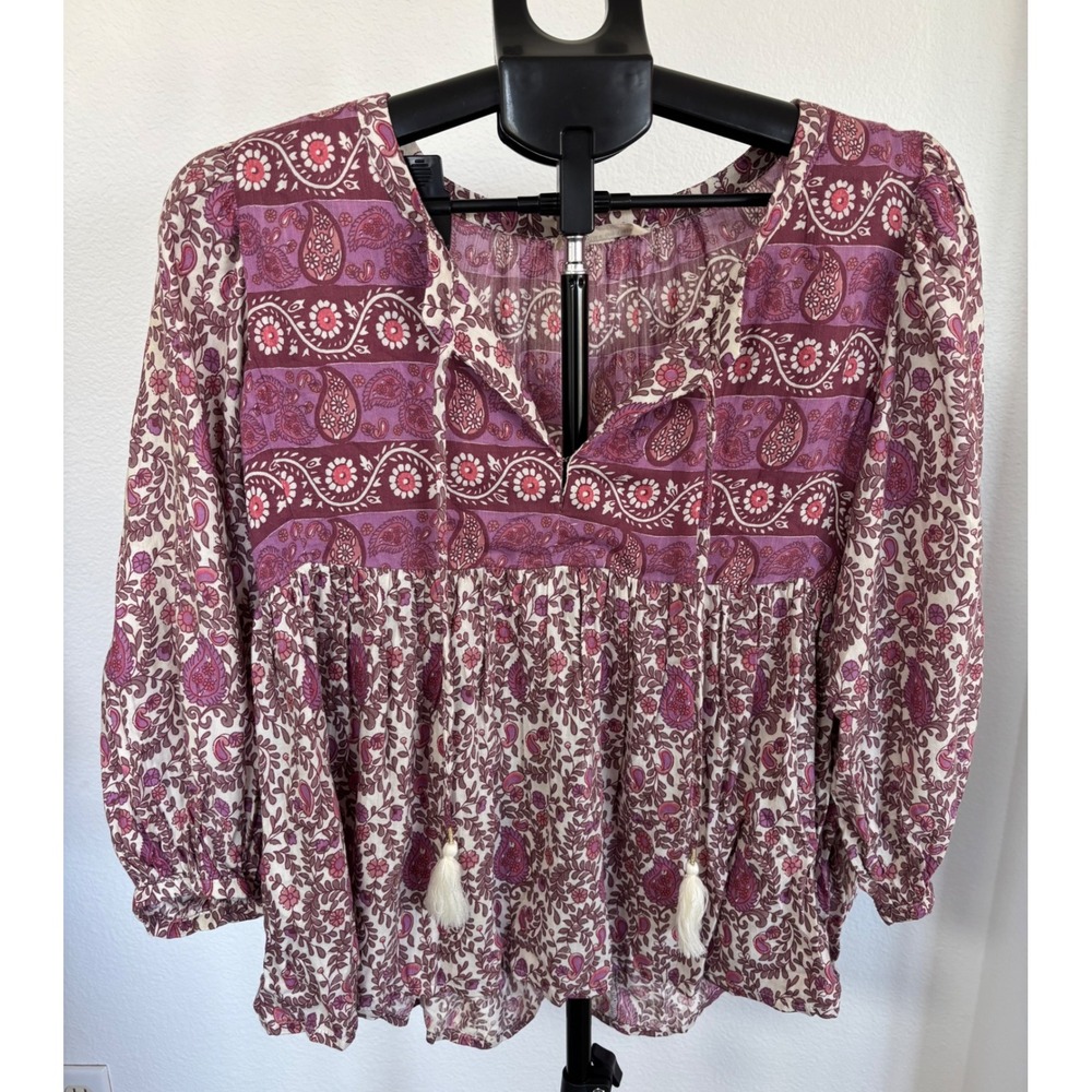 Lucky Brand Purple Paisley Floral Tassel Peasant Blouse Top Medium NWT